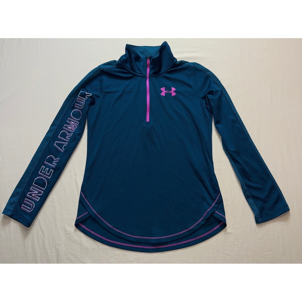 Under Armour Girls Teal Blue Pink 1/4 Zip Pullover HeatGear Top Size Large YLG